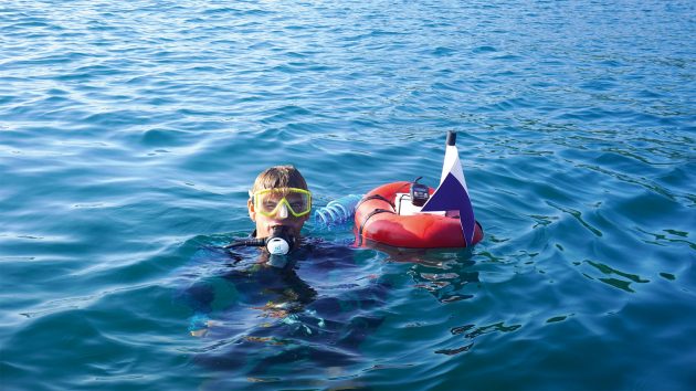 Someone in the sea with a snorkel on looking at the camera. The water is calm