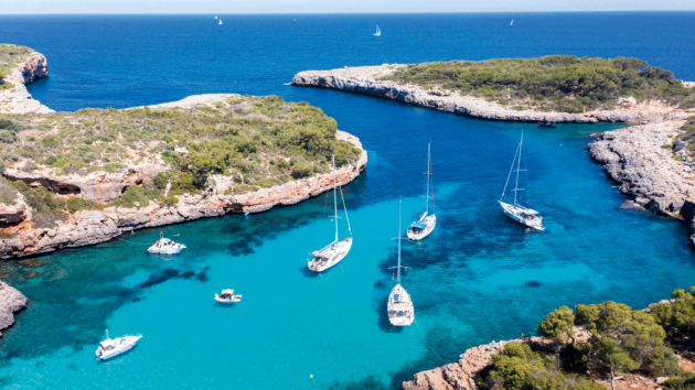An aerial shot of a bag and some islands