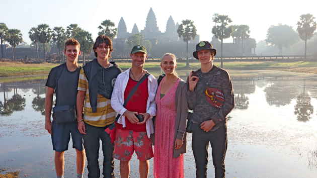 The Hamill family visiting Angkor Wat in Cambodia (from left) Finn, Declan, Rob, Rachel and Ivan