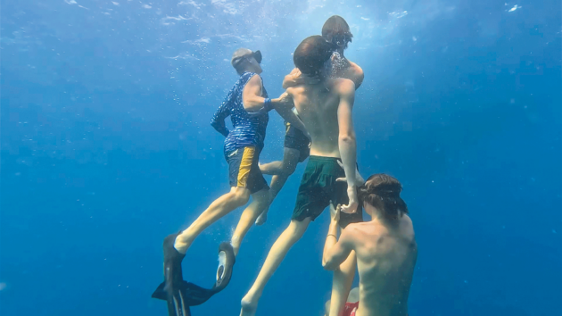 A recreation of Finn’s rescue following his blackout when diving off Thailand.